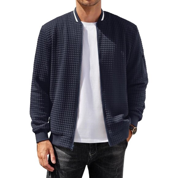 Men's Sweatshirt Bomber Jacket Navy Blue Casual Zip Up Waffle Knit Lightweight